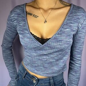 SO Baby Blue Wrap Top Size XS Ribbed Crop Deep-V Asymmetrical Spring Boho Casual
